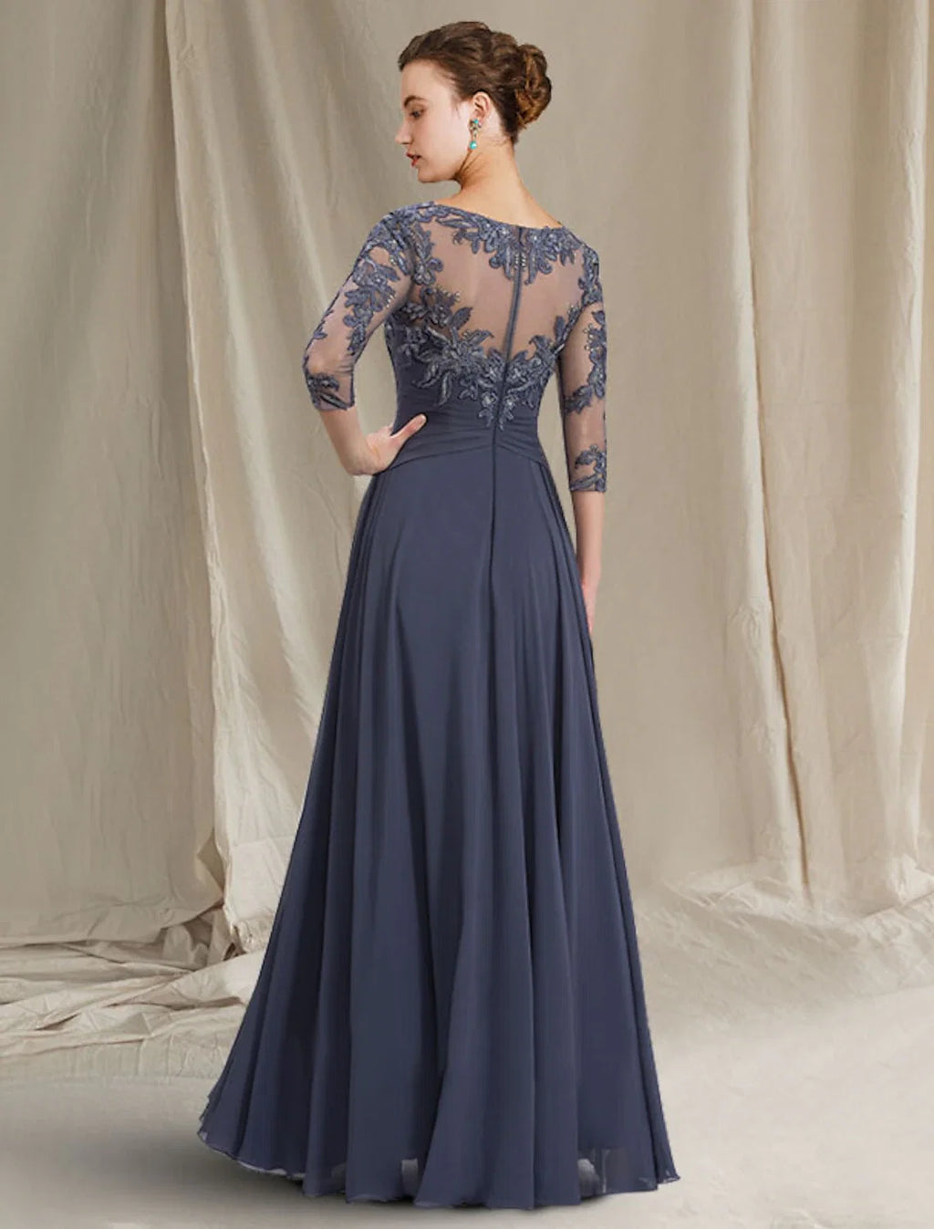 A-Line Chiffon Three-Quarter Sleeve Pleated Floor-Length Dress - Chloe Dress