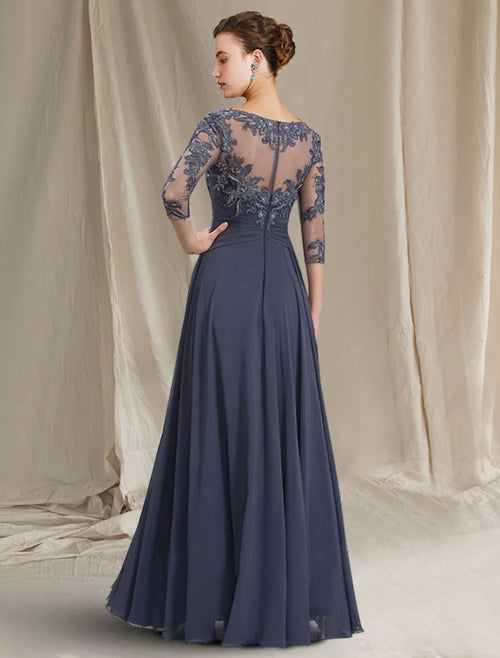 A-Line Chiffon Three-Quarter Sleeve Pleated Floor-Length Dress - Chloe Dress