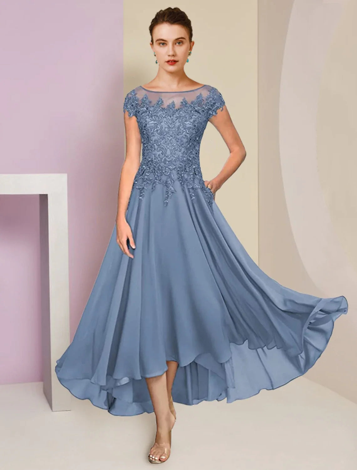 A-Line High Neck Chiffon Short Sleeve Wrap Mini Wedding Dress - Chloe Dress