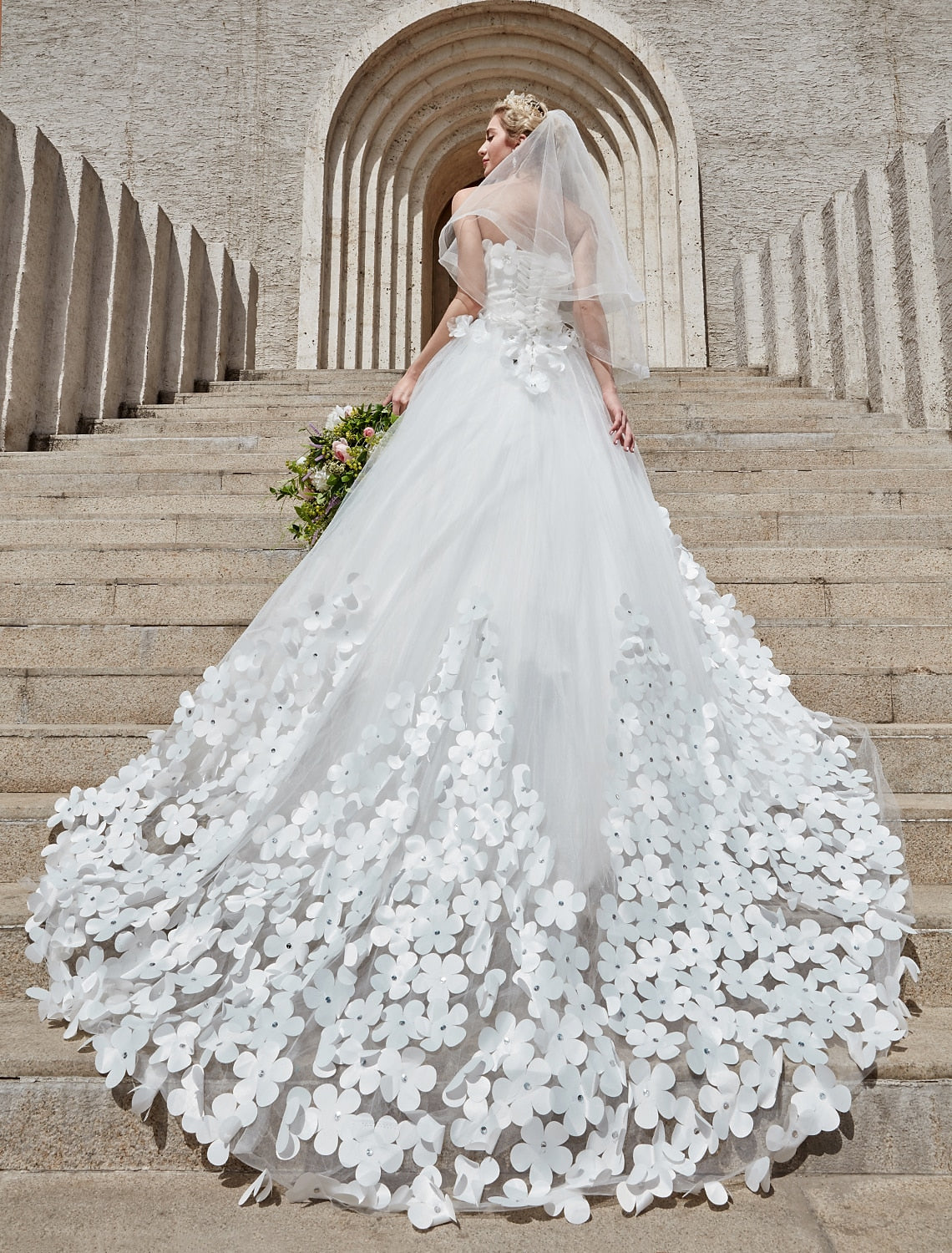 Ball Gown Strapless Lace Open Back Train Wedding Gown - Chloe Dress