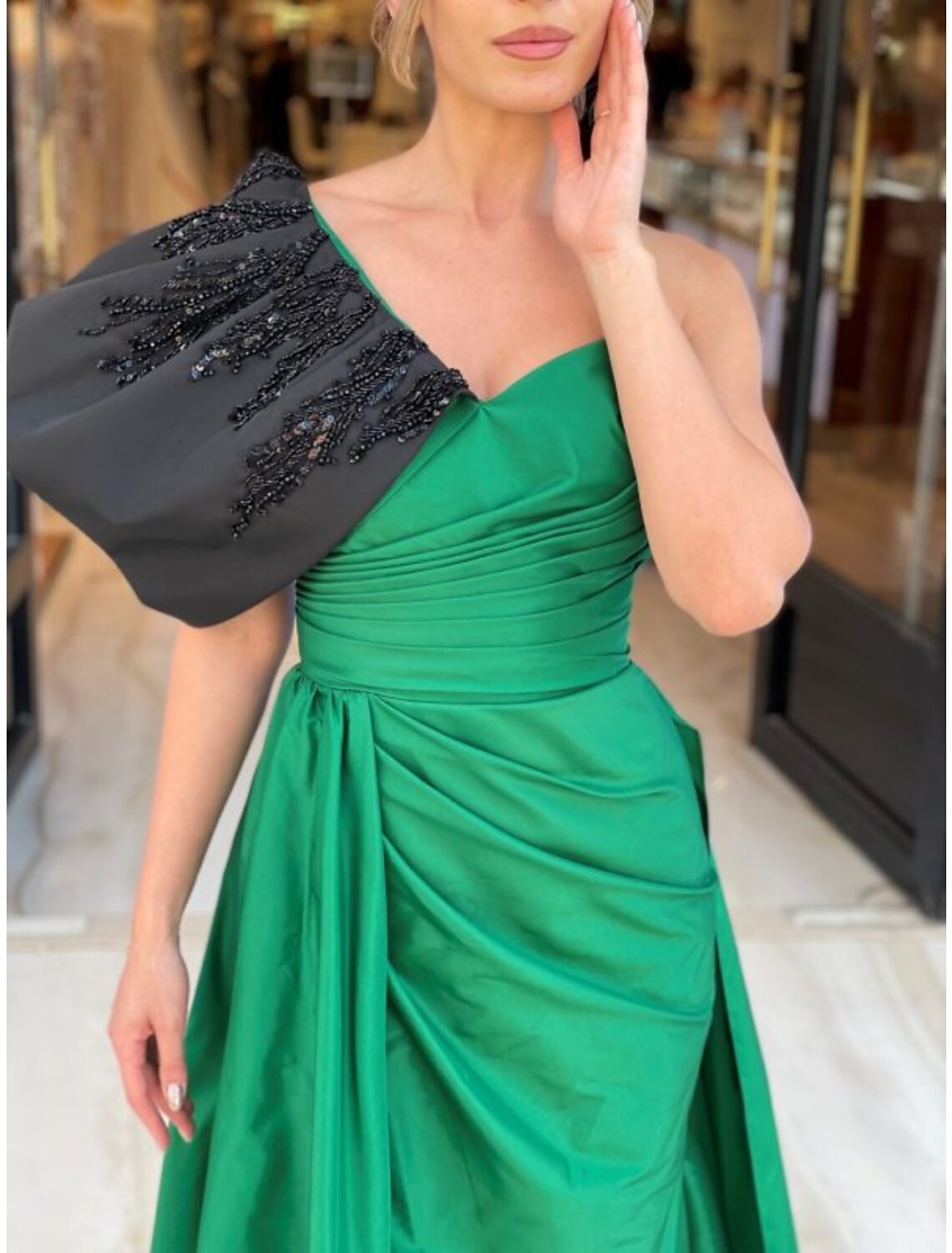 A-Line One-Shoulder Satin Sleeveless High Slit Evening Gown - Chloe Dress
