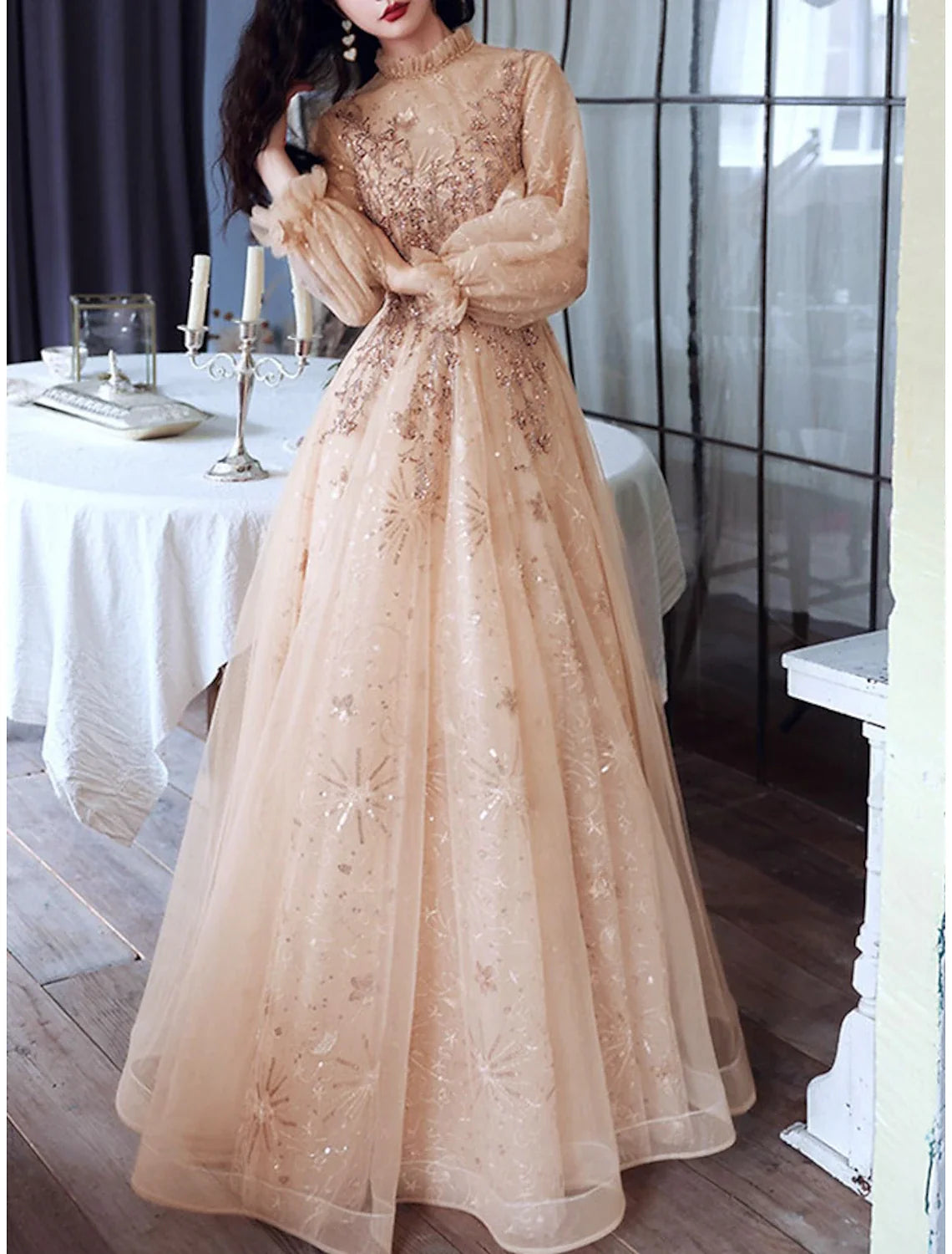 A-Line High Neck Tulle Long Sleeve Floor-Length Evening Dress - Chloe Dress