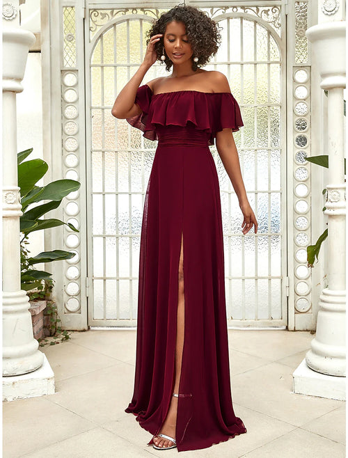 A-Line Off-Shoulder Chiffon Sleeveless Ruffled Floor-Length Wedding Dress - Chloe Dress