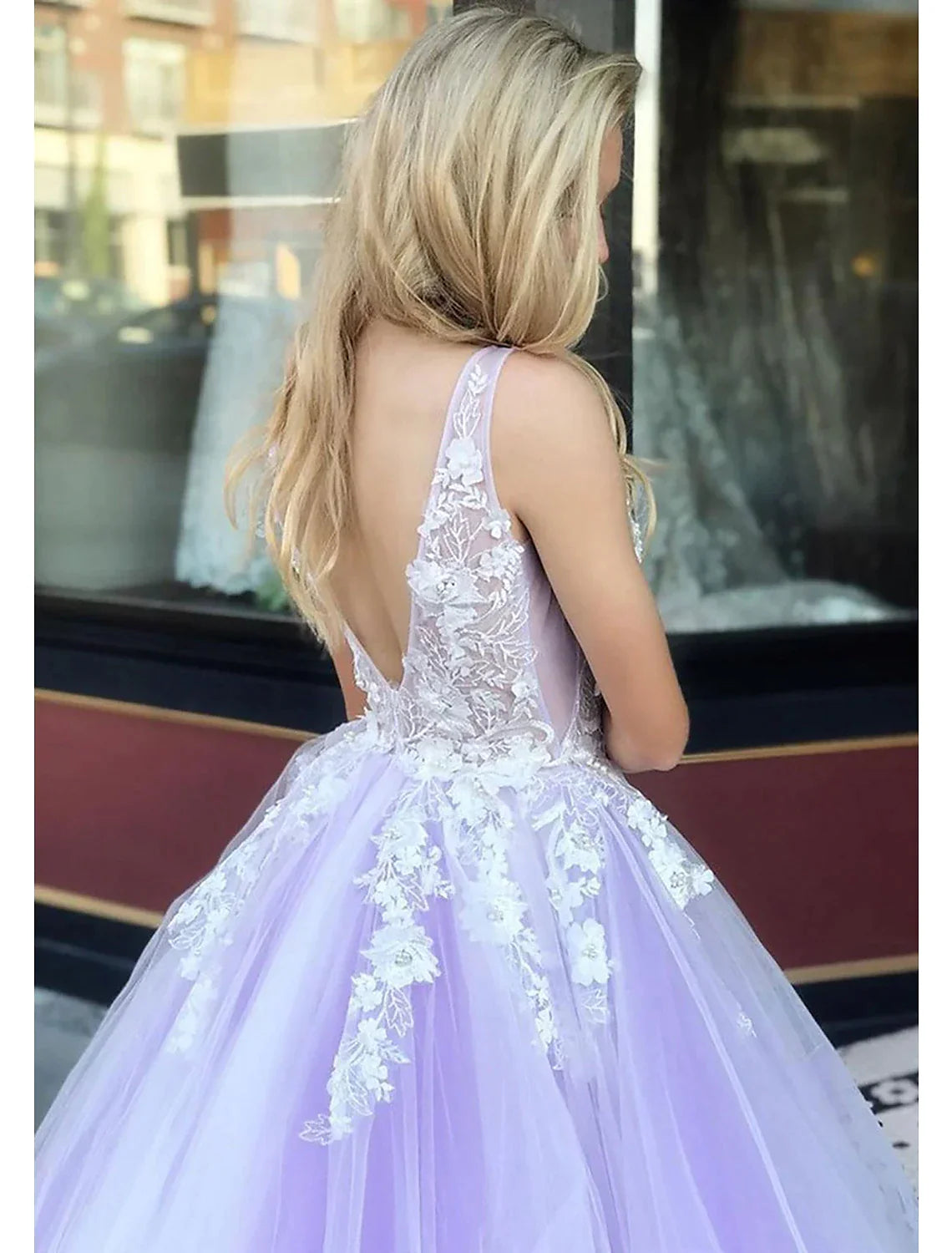 A-Line V-Neck Tulle Sleeveless Backless Applique Floor-Length Prom Gown - Chloe Dress