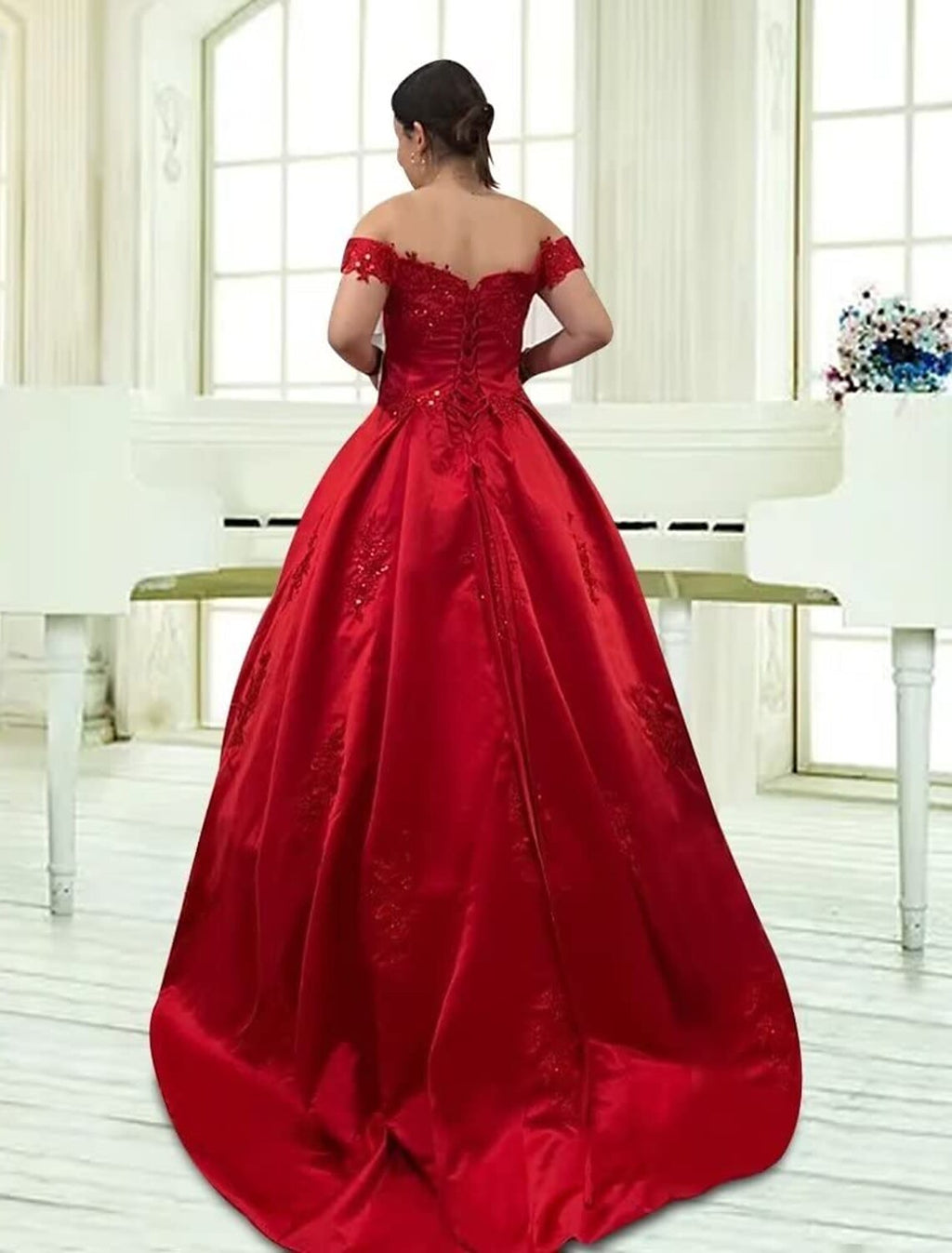 Ball Gown Off-Shoulder Lace Short Sleeve Train Mini Evening Gown - Chloe Dress