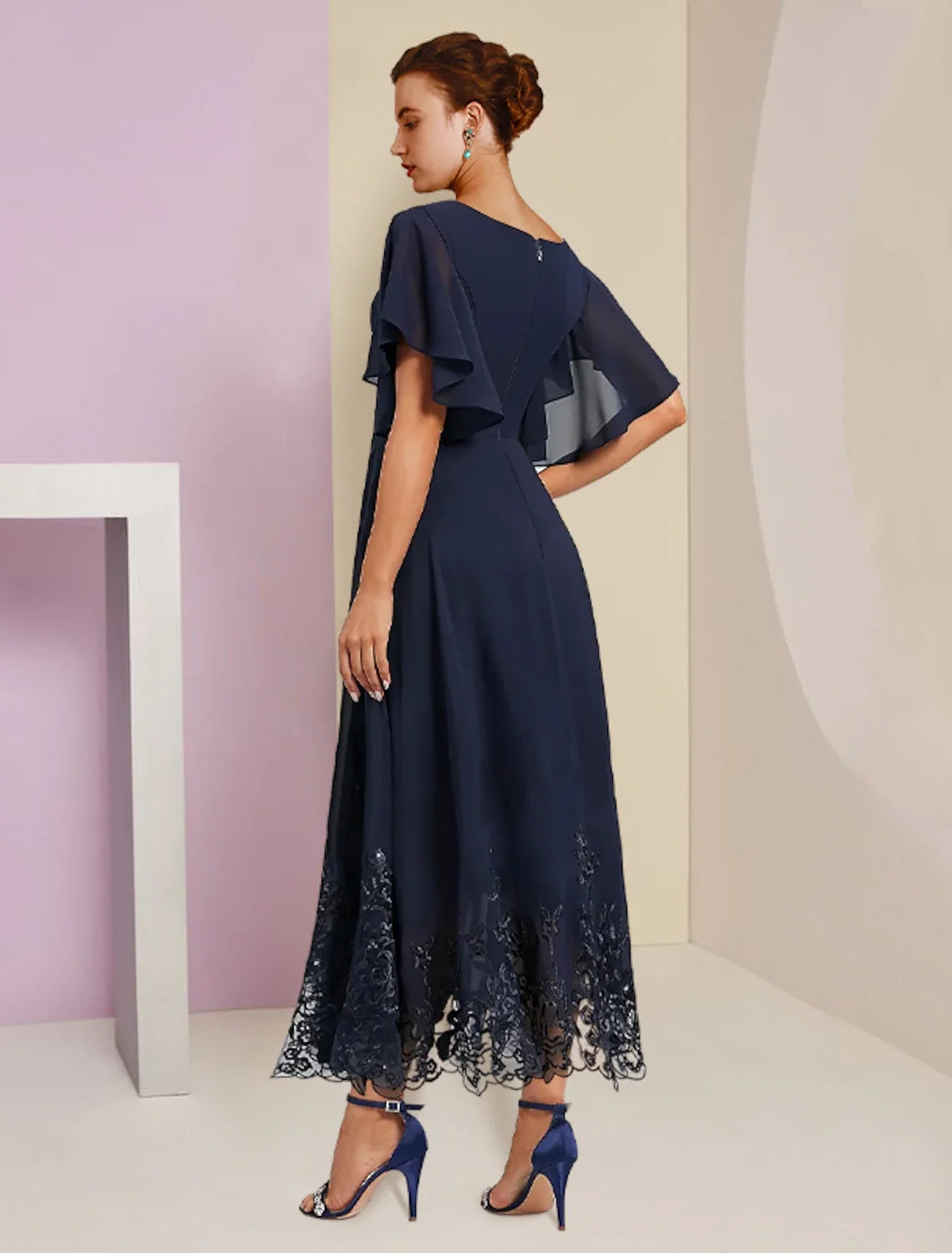 A-Line V-Neck Chiffon Short Sleeve Applique Mini Wedding Dress - Chloe Dress