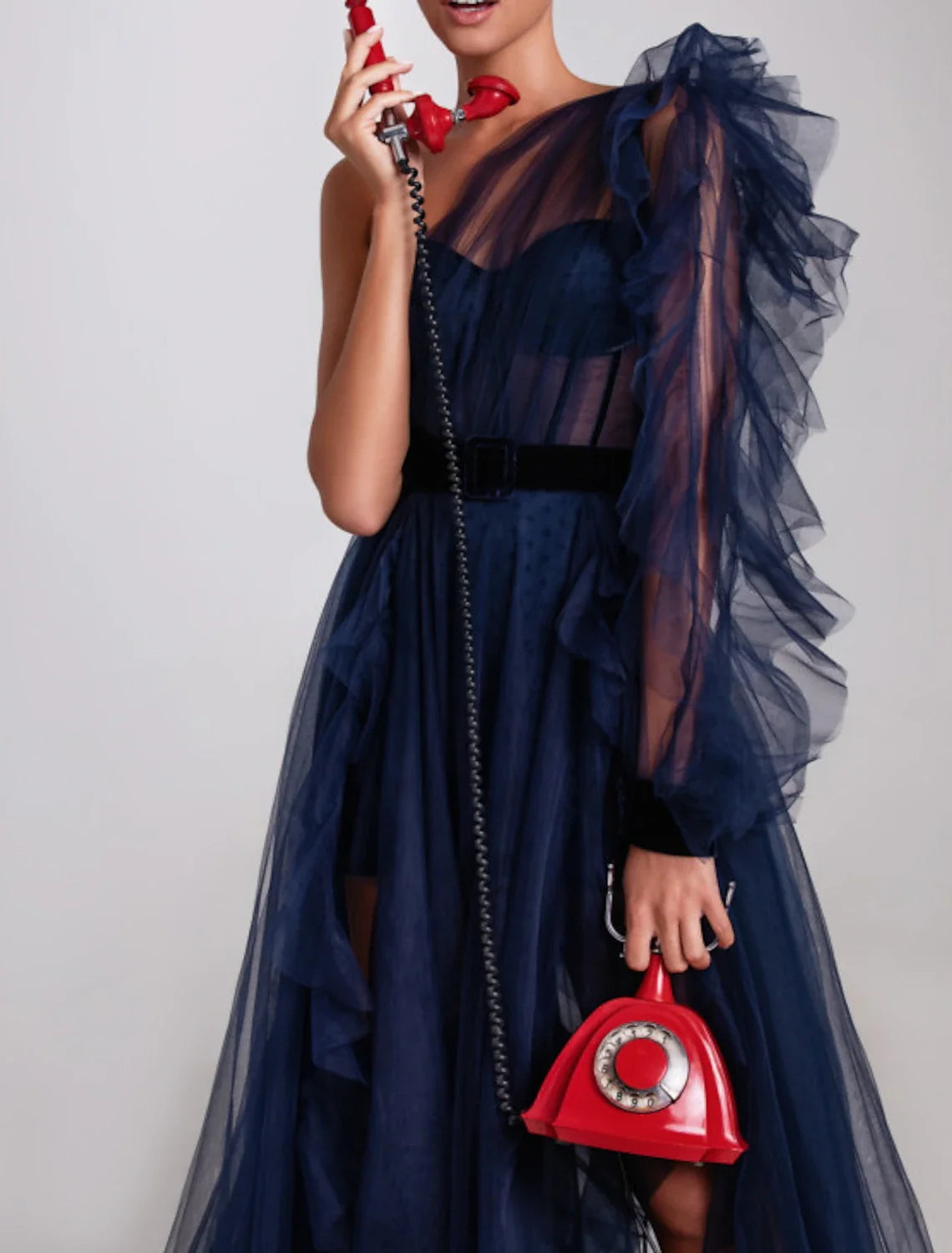 A-Line One-Shoulder Tulle Long Sleeve Lace-Up Back High Slit Evening Gown - Chloe Dress