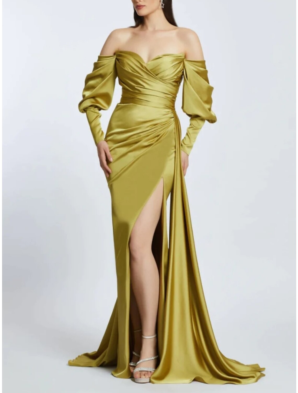 A-Line Off-Shoulder Satin Long Sleeve High Slit Evening Gown - Chloe Dress