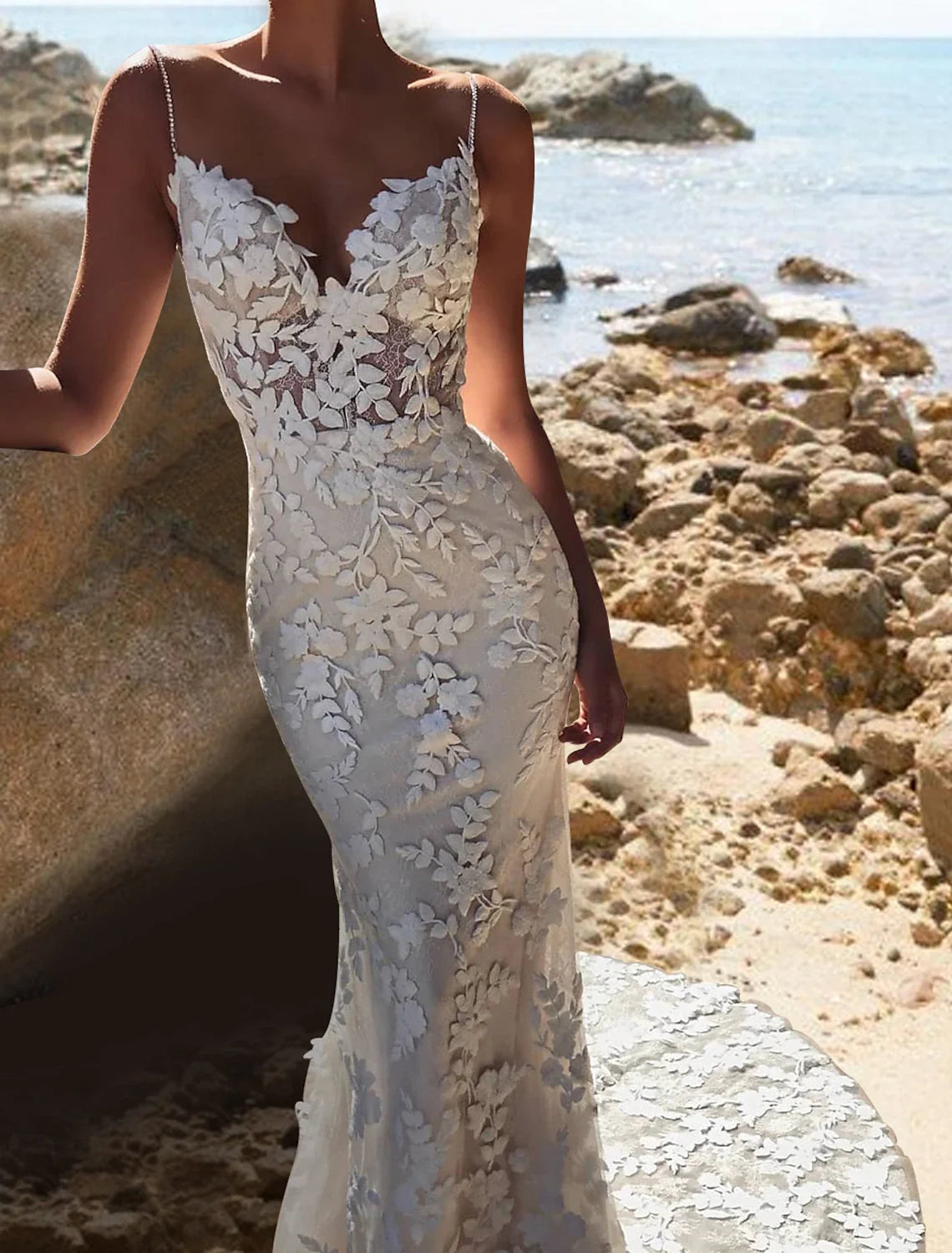 Mermaid V-Neck Lace Train Wedding Gown - Chloe Dress
