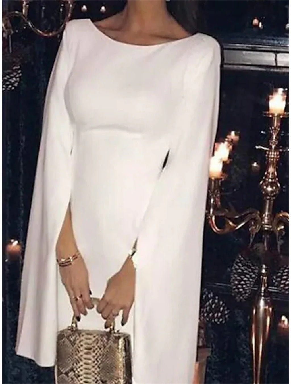 Sheath Satin Long Sleeve Open Back Tea-Length Wedding Dress - Chloe Dress