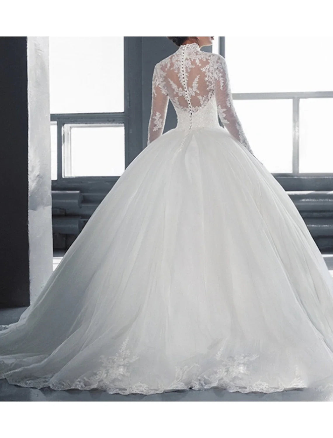Ball Gown High Neck Lace Long Sleeve Train Wedding Gown - Chloe Dress