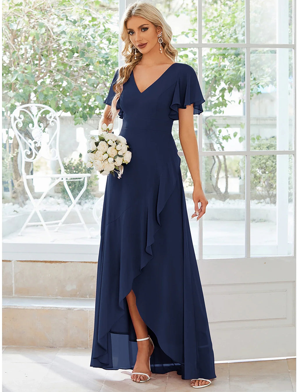 A-Line V-Neck Chiffon Short Sleeve Ruffled Mini Wedding Dress - Chloe Dress