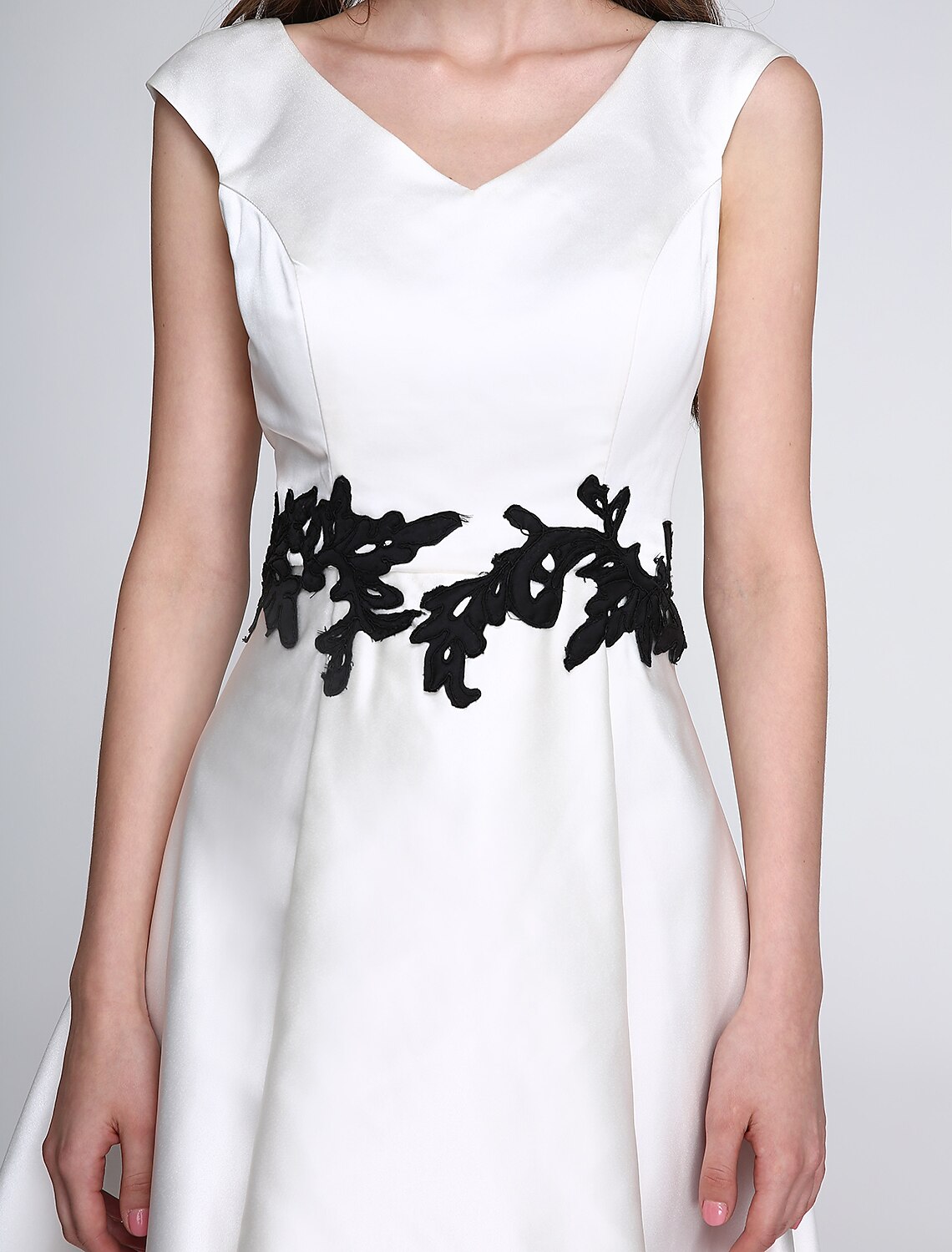 A-Line V-Neck Satin Sleeveless Applique Knee-Length Prom Dress - Chloe Dress
