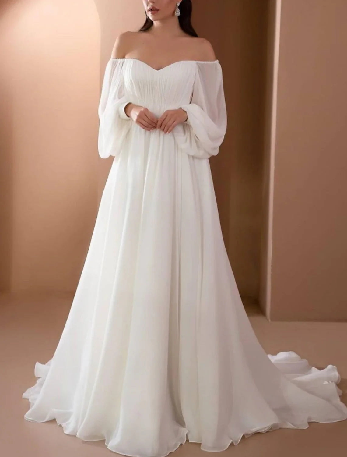 A-Line Off-Shoulder Chiffon Long Sleeve Pleated Wedding Gown - Chloe Dress
