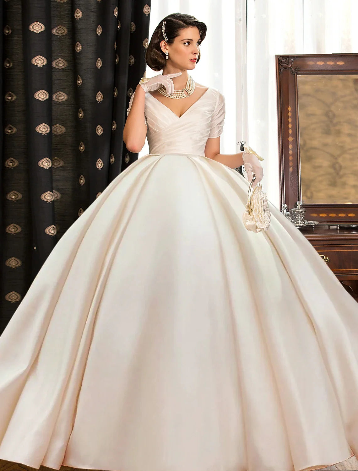 Ball Gown V-Neck Satin Short Sleeve Train Mini Wedding Gown - Chloe Dress