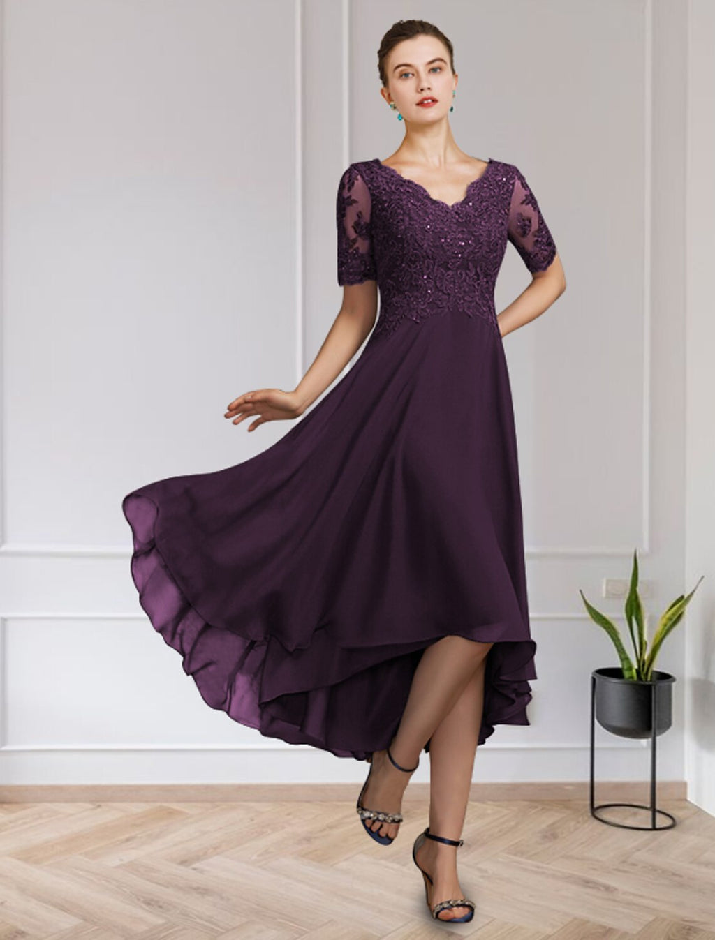 A-Line V-Neck Chiffon Short Sleeve Applique Floor-Length Wedding Dress - Chloe Dress