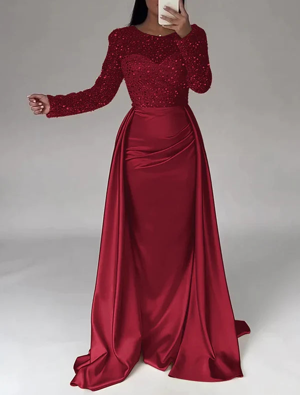 Mermaid Illusion Satin Long Sleeve Floor-Length Evening Gown - Chloe Dress