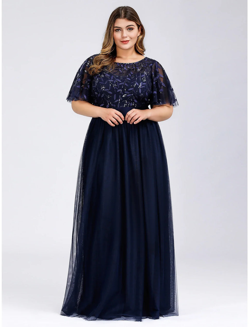 A-Line Tulle Short Sleeve Applique Floor-Length Prom Dress - Chloe Dress