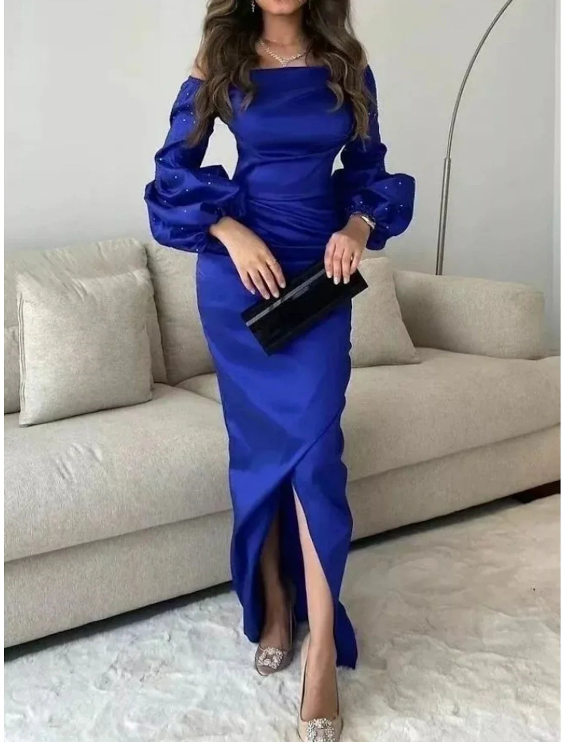 Mermaid Square Neck Satin Long Sleeve High Slit Floor-Length Evening Gown - Chloe Dress