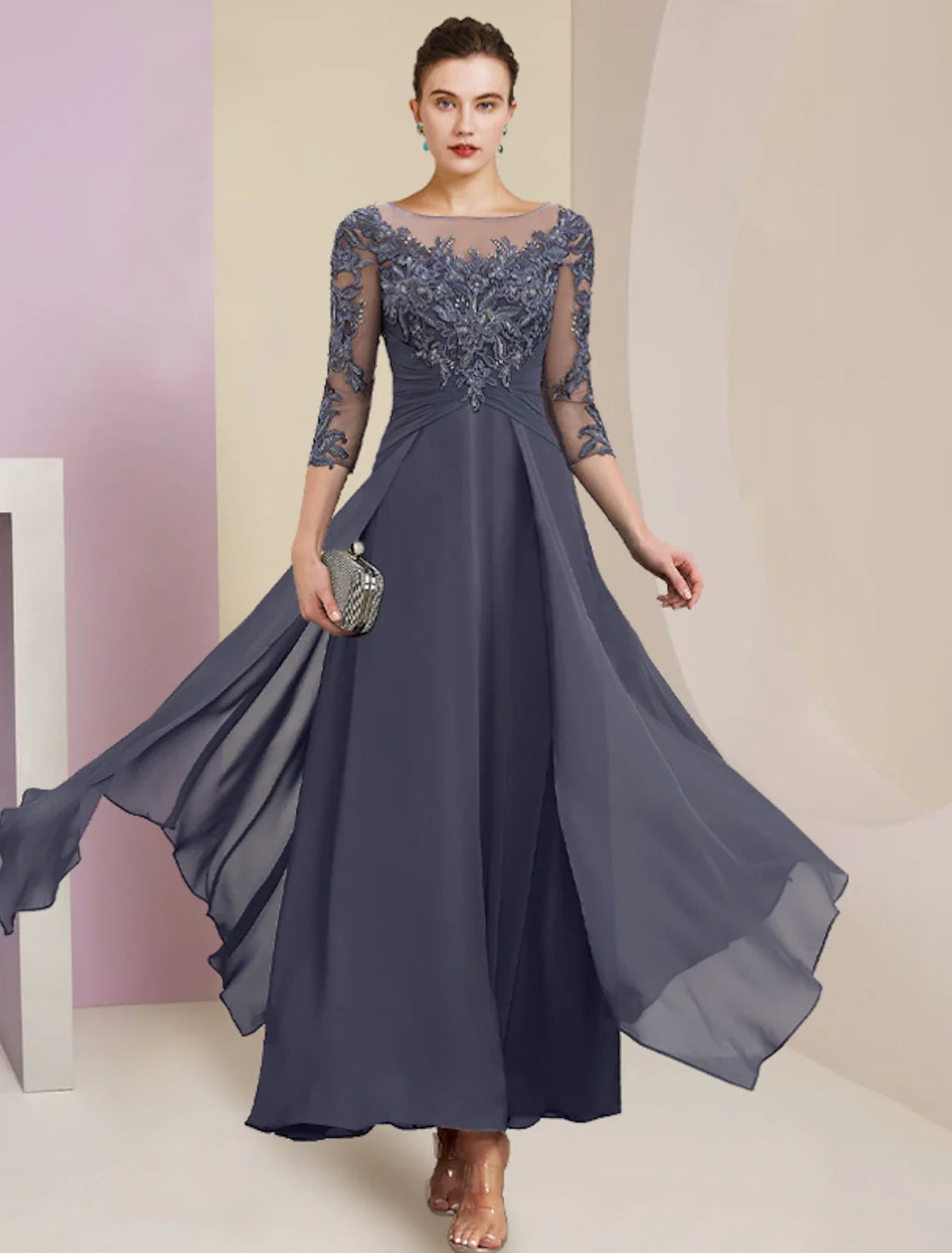 Sheath Chiffon Three-Quarter Sleeve Pleated Ankle-Length Wedding Dress - Chloe Dress