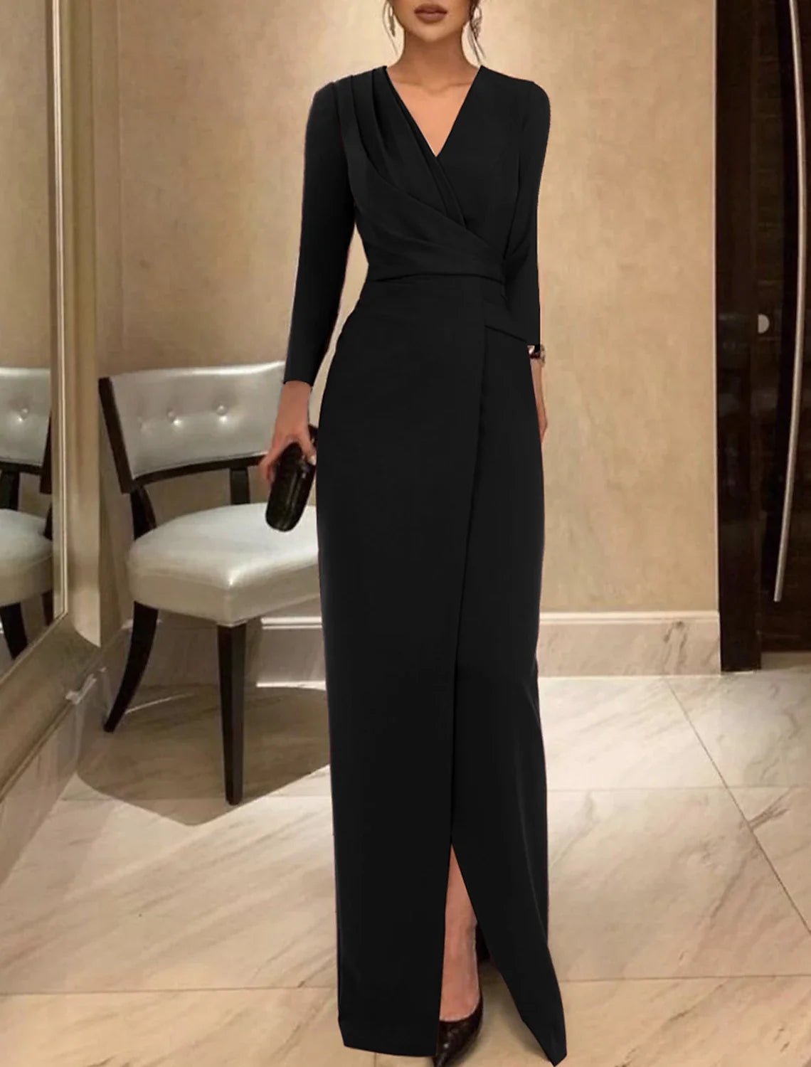 Black Sheath V-Neck Long Sleeve Floor-Length Evening Gown - Chloe Dress