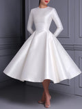 Ball Gown Satin Long Sleeve Pleated Tea-Length Wedding Gown - Chloe Dress