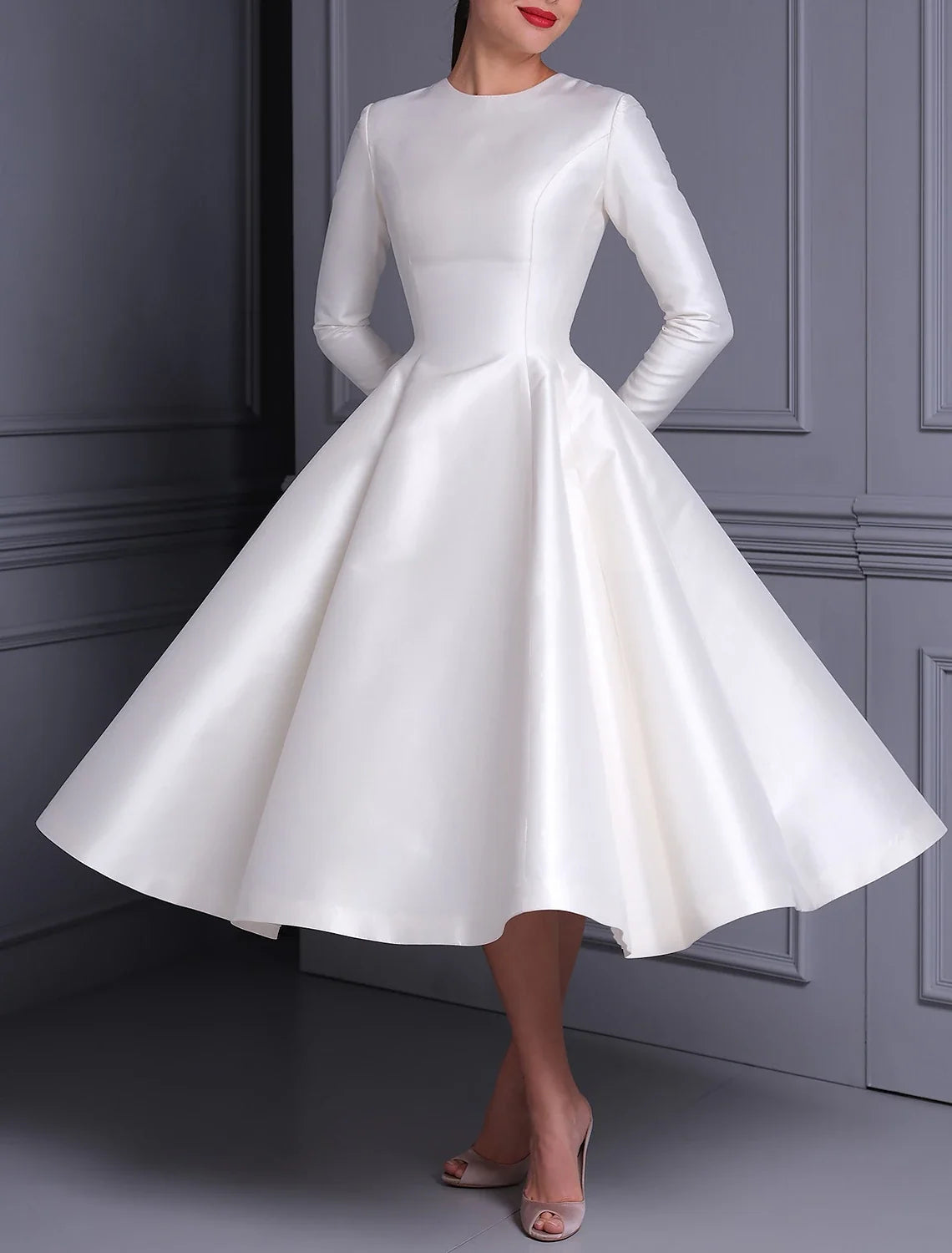 Ball Gown Satin Long Sleeve Pleated Tea-Length Wedding Gown - Chloe Dress