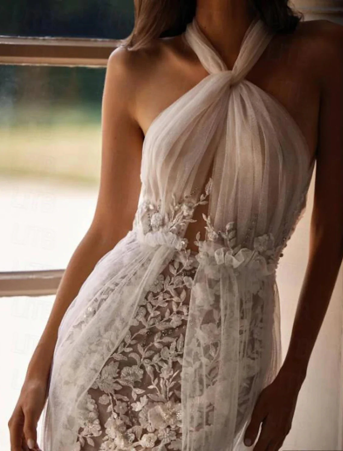 White Sheath Lace Sleeveless Train Wedding Gown - Chloe Dress