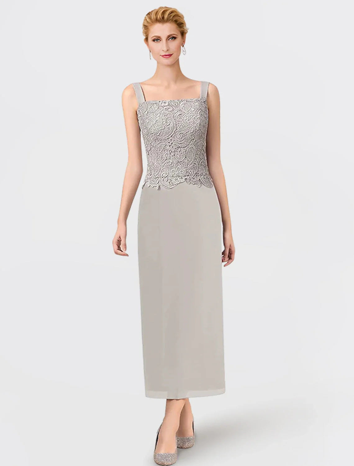 Square Neck Chiffon Sleeveless Wrap Ankle-Length Wedding Dress - Chloe Dress