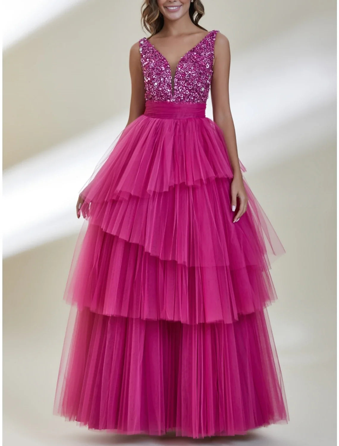 A-Line V-Neck Tulle Sleeveless Pleated Floor-Length Prom Dress - Chloe Dress