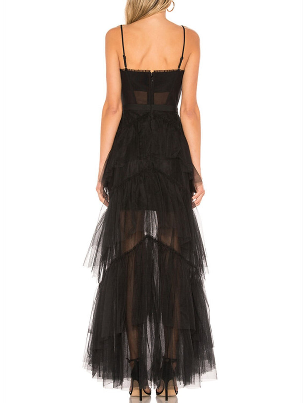 Black A-Line Spaghetti Strap Tulle Sleeveless Lace-Up Back Floor-Length Prom Dress - Chloe Dress