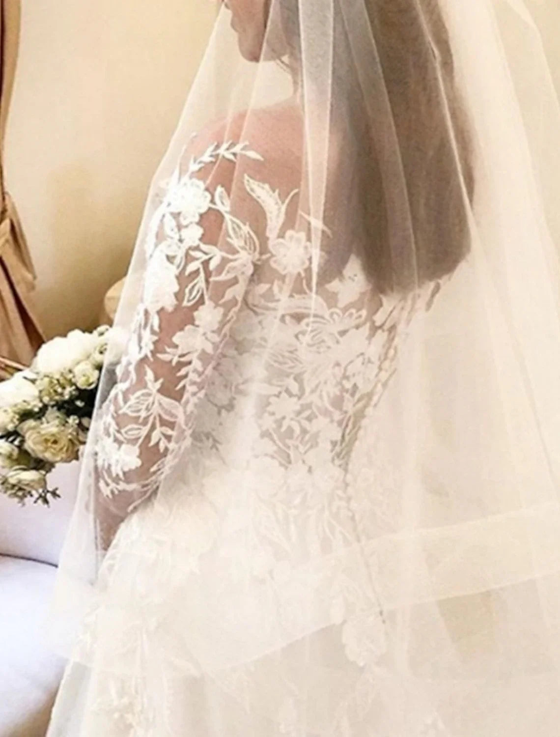 Ball Gown Off-Shoulder Lace Long Sleeve Button Back Train Wedding Gown - Chloe Dress