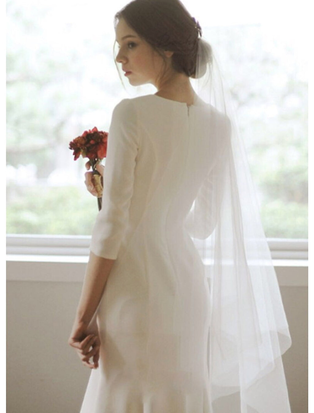 White Mermaid V-Neck Satin Three-Quarter Sleeve Asymmetric Wedding Gown - Chloe Dress