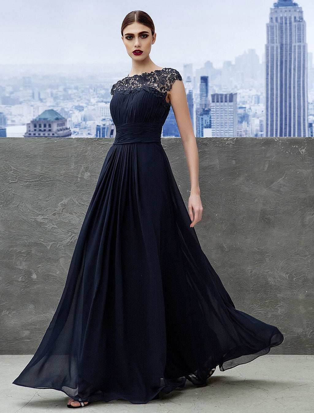 A-Line Chiffon Short Sleeve Floor-Length Evening Gown - Chloe Dress