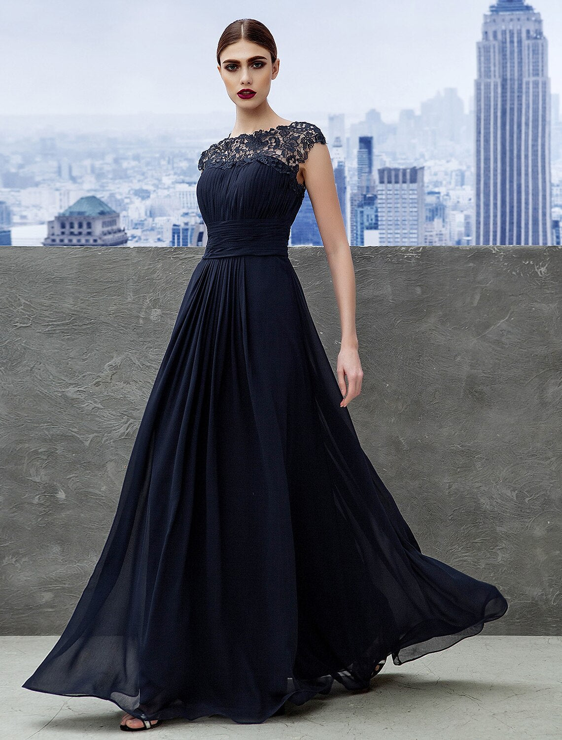 A-Line Chiffon Short Sleeve Floor-Length Evening Gown - Chloe Dress