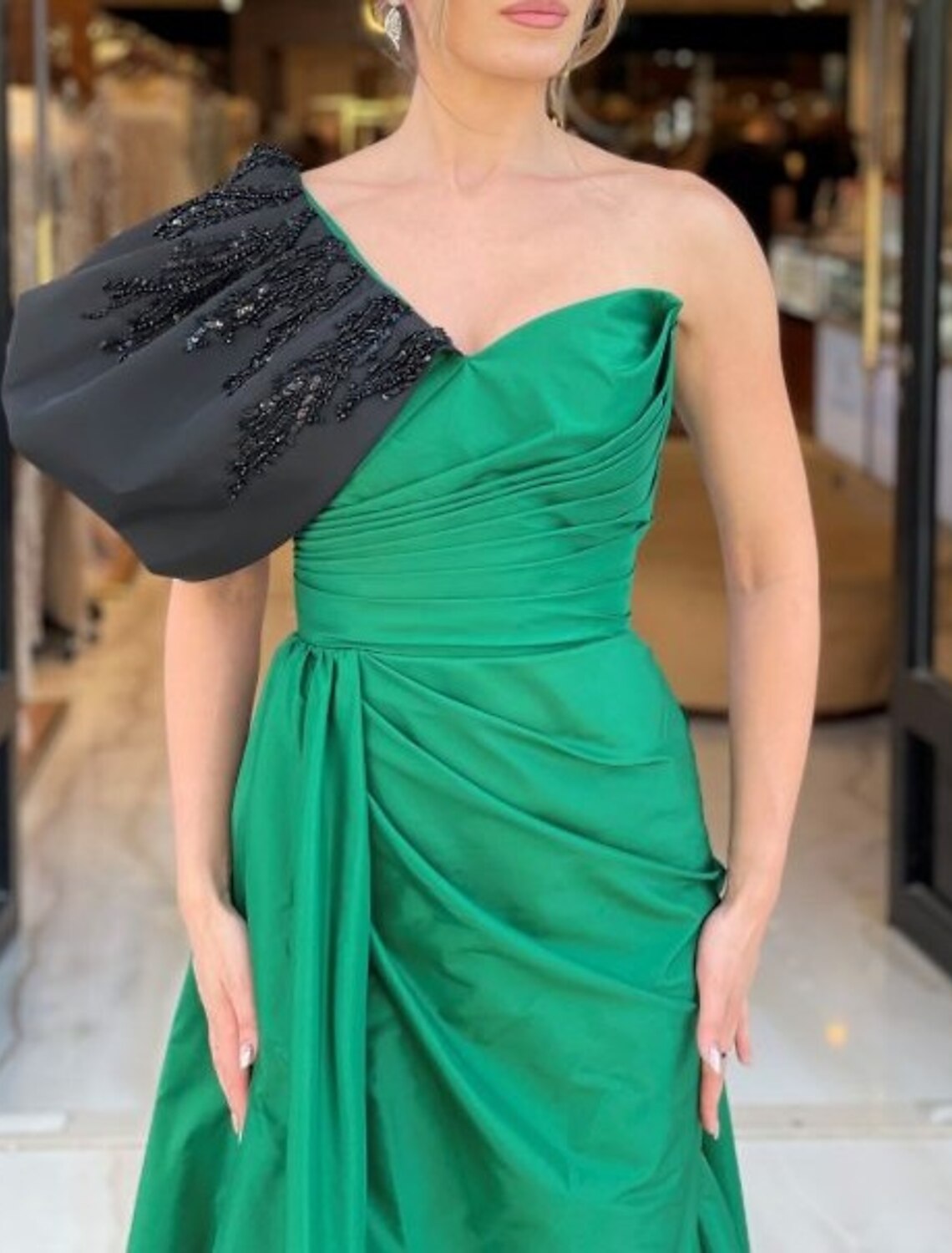 A-Line One-Shoulder Satin Sleeveless High Slit Evening Gown - Chloe Dress