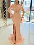 A-Line One-Shoulder Sequin Long Sleeve Pleated Evening Gown - Chloe Dress