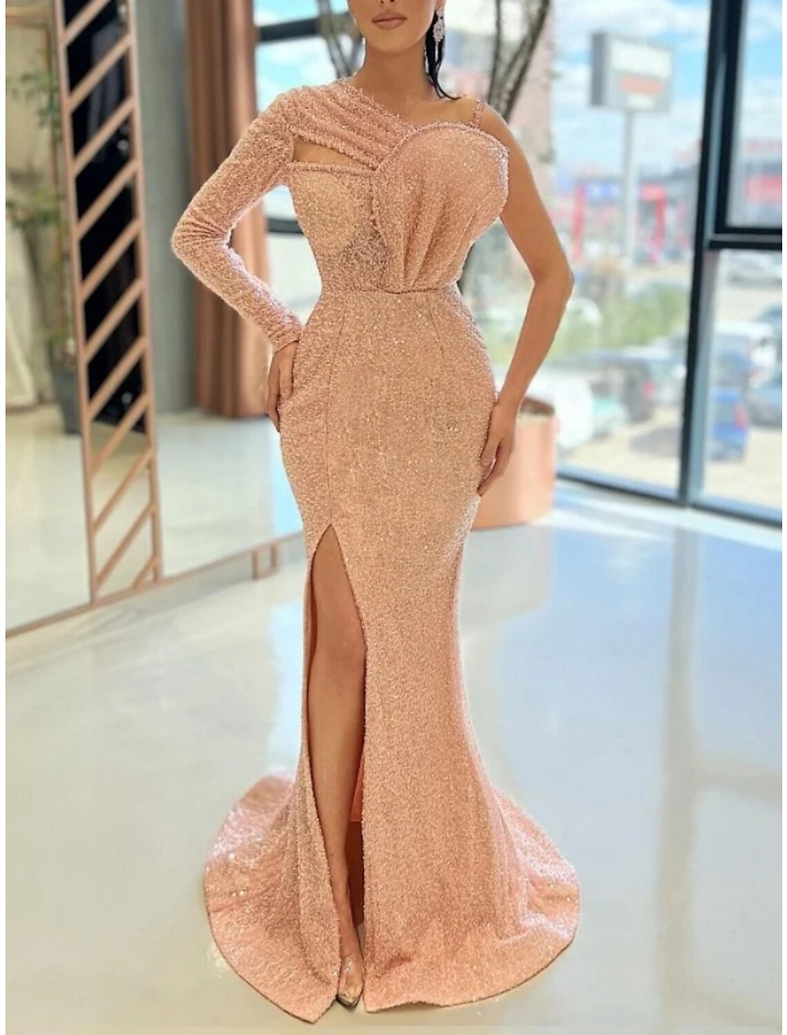 A-Line One-Shoulder Sequin Long Sleeve Pleated Evening Gown - Chloe Dress
