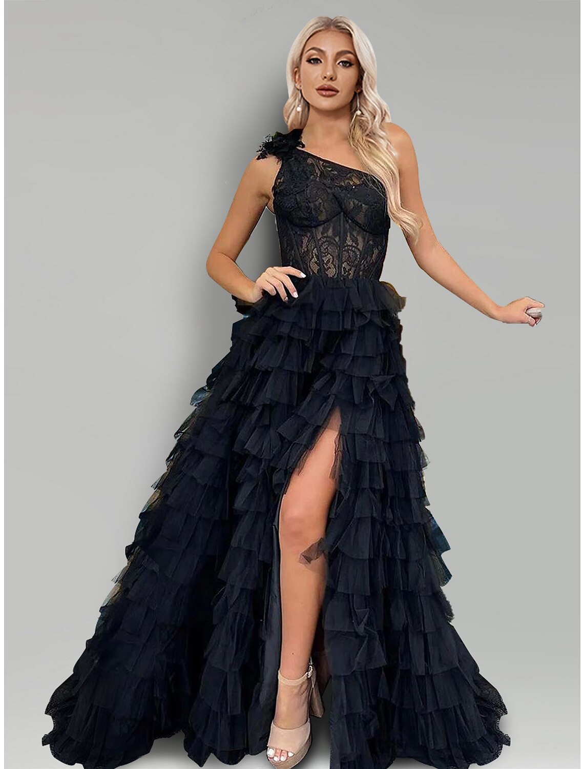 A-Line One-Shoulder Lace Sleeveless High Slit Evening Gown - Chloe Dress