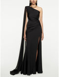 Black A-Line One-Shoulder Silk Sleeveless High Slit Evening Gown - Chloe Dress