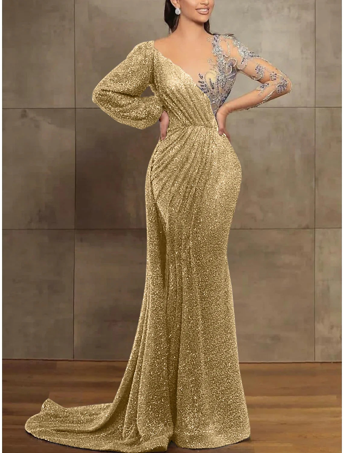 Champagne Mermaid Illusion Sequin Long Sleeve Pleated Evening Gown - Chloe Dress