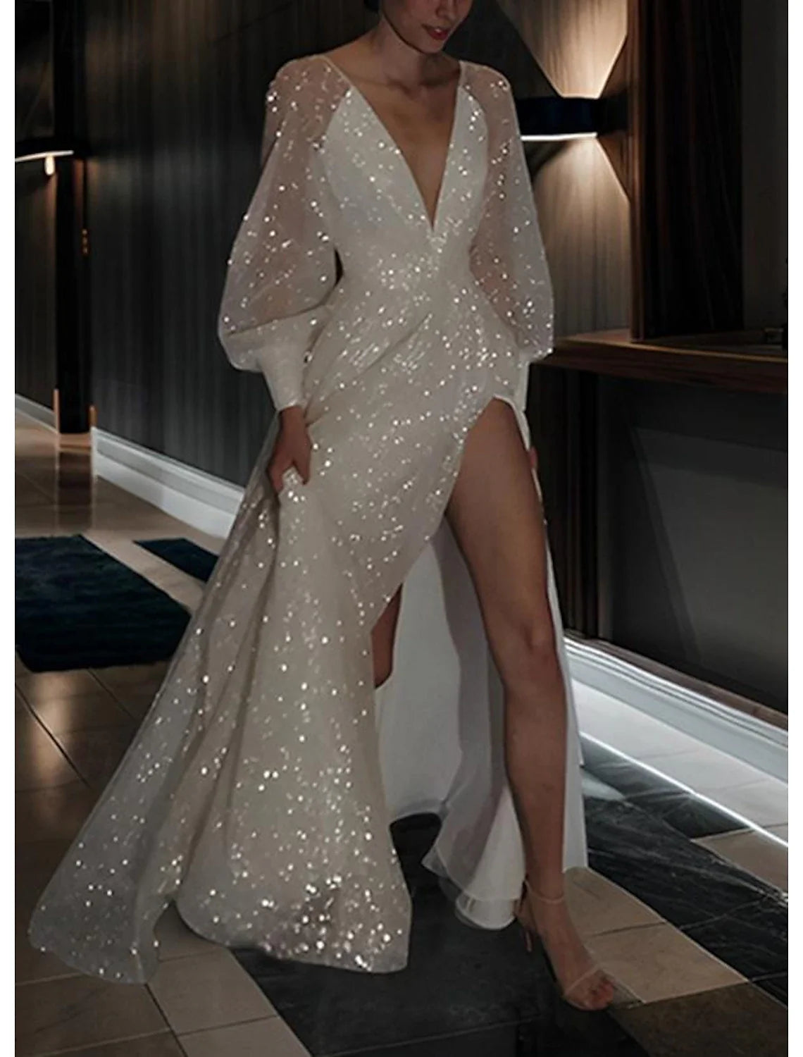 A-Line V-Neck Sequin Long Sleeve Floor-Length Wedding Gown - Chloe Dress