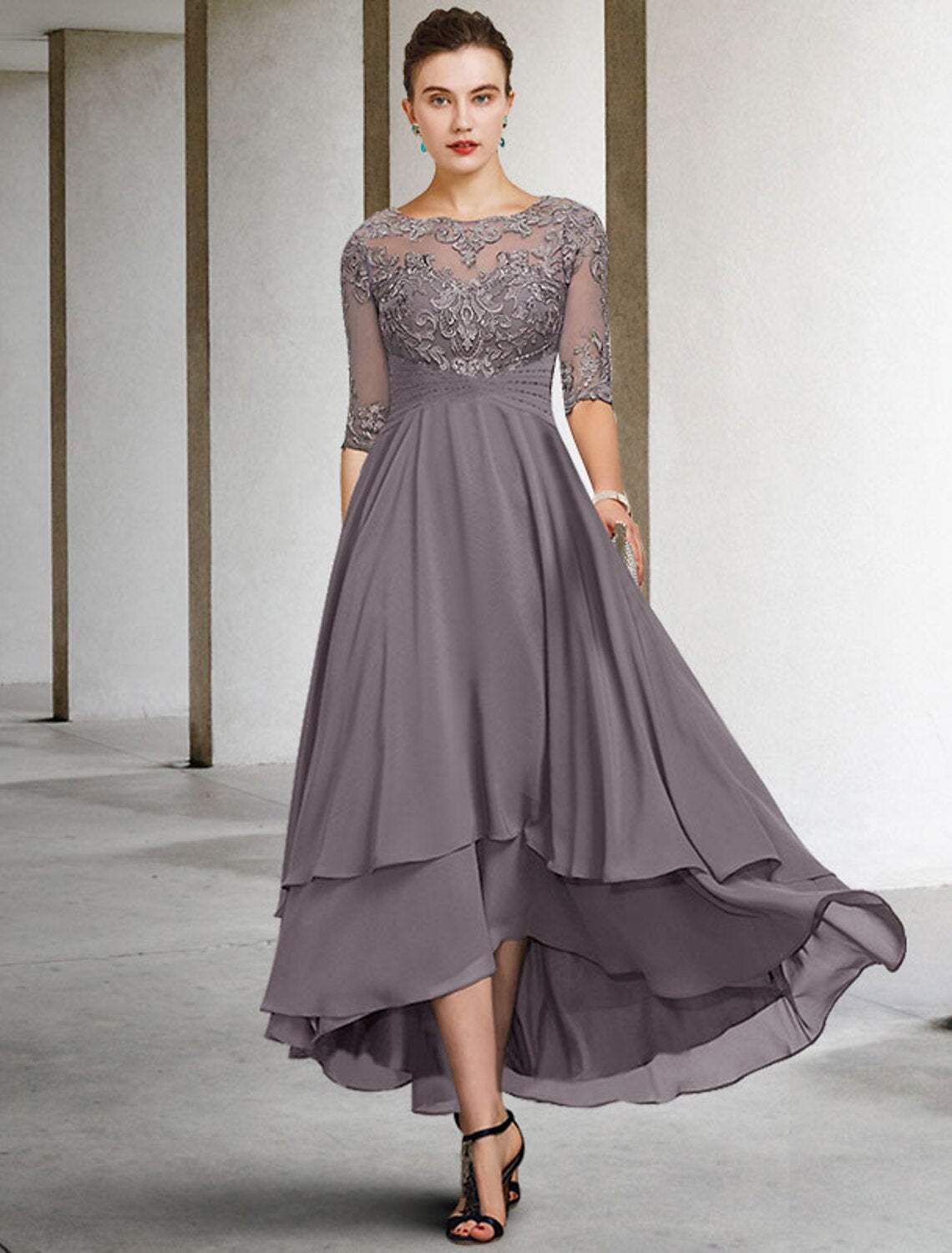 A-Line High Neck Chiffon Ruffled Ankle-Length Dress - Chloe Dress