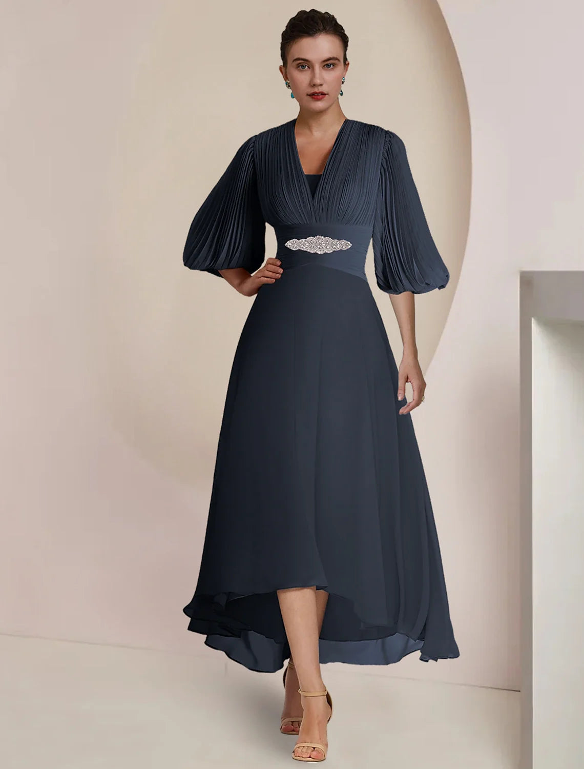 A-Line V-Neck Chiffon Three-Quarter Sleeve Pleated Tea-Length Wedding Dress - Chloe Dress