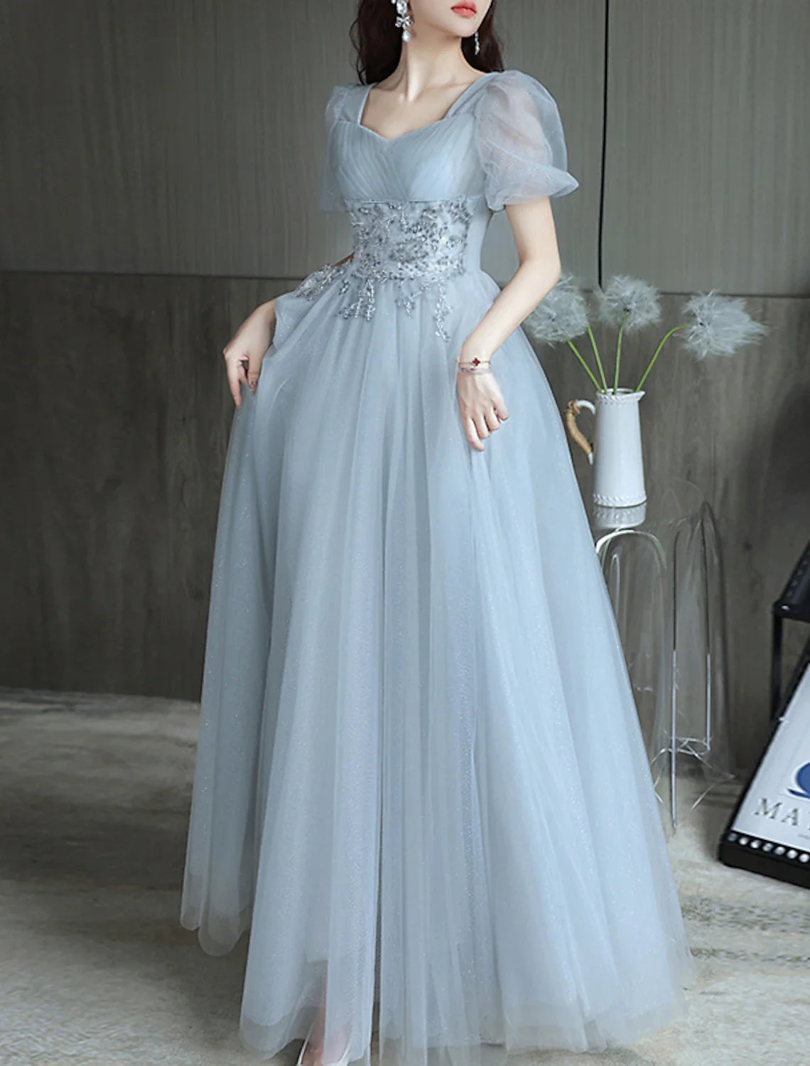 A-Line Sweetheart Tulle Short Sleeve Tiered Floor-Length Evening Gown - Chloe Dress