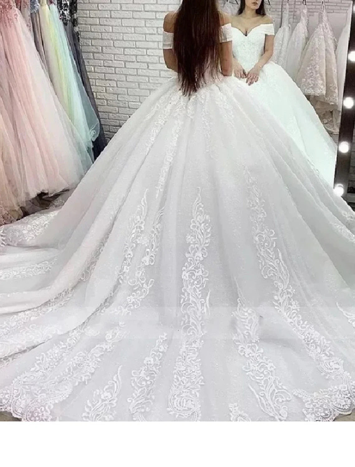 Ball Gown Off-Shoulder Lace Cap Sleeve Train Wedding Gown - Chloe Dress