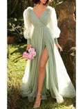 A-Line V-Neck Tulle Long Sleeve High Slit Evening Gown - Chloe Dress