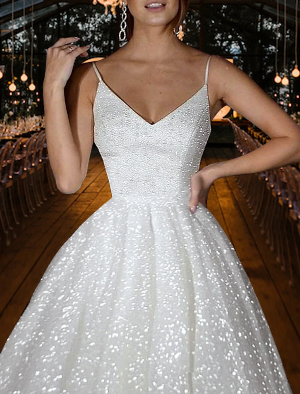 A-Line V-Neck Sequin Train Wedding Gown - Chloe Dress