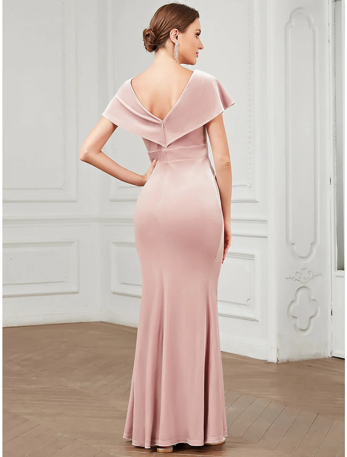 Mermaid V-Neck Velvet Short Sleeve Ruffled Floor-Length Evening Gown - Chloe Dress