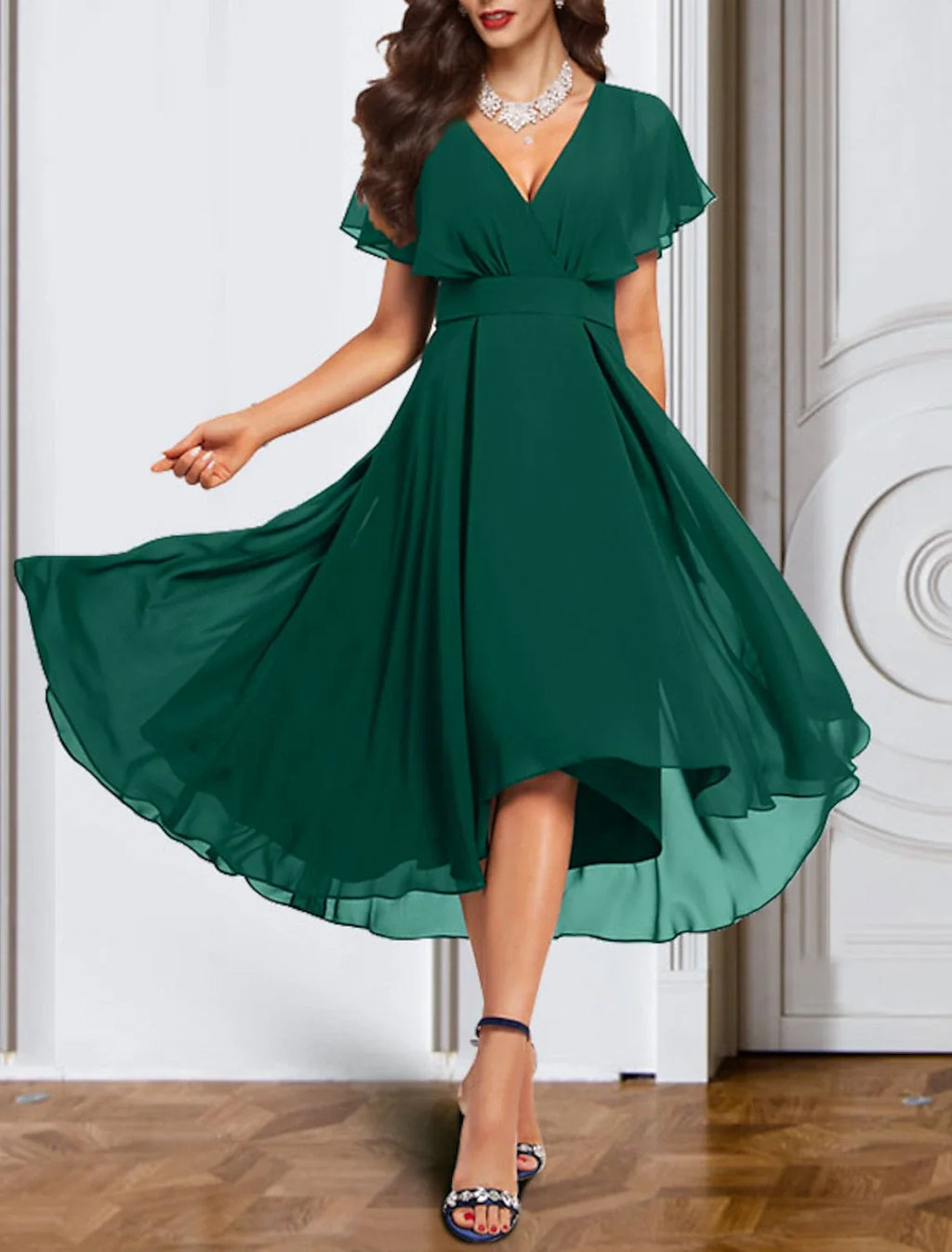 A-Line V-Neck Chiffon Short Sleeve Mini Wedding Dress - Chloe Dress